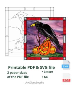 stained glass crow pattern printable pdf and svg: Raven on a pumpkin