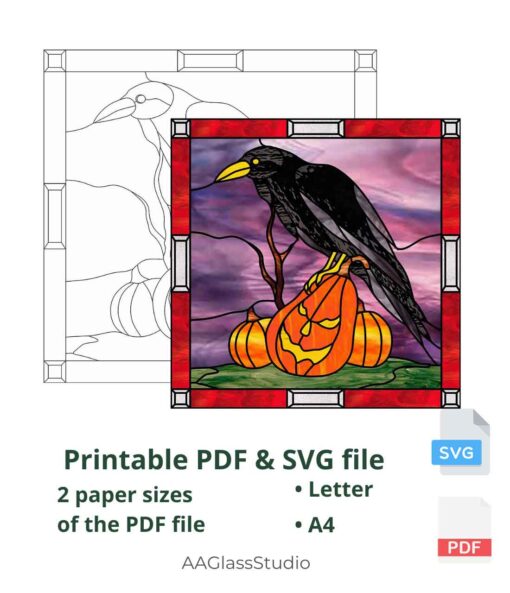 stained glass crow pattern printable pdf and svg: Raven on a pumpkin