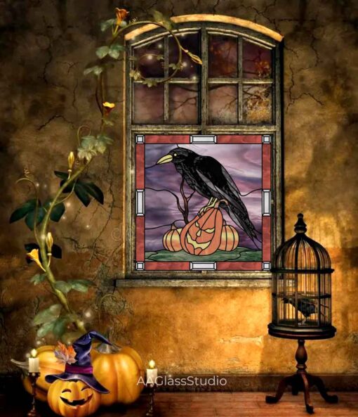 stained glass crow pattern: Halloween ornaments