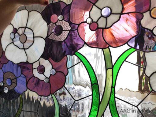 horizontal stained glass window panels - flowers