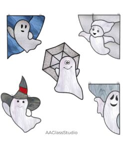 Playful Ghost Stained Glass Set of 5 – Funny Halloween Décor - window decor