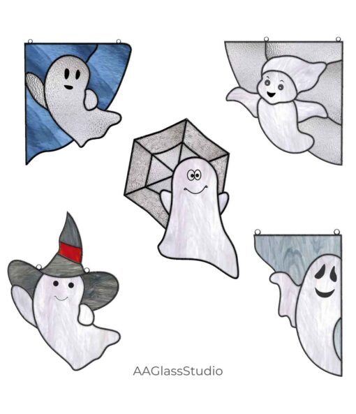 Playful Ghost Stained Glass Set of 5 – Funny Halloween Décor - window decor