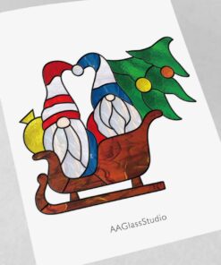 Charming Serious Stained Glass Gnomes in Christmas Sleigh - window decor