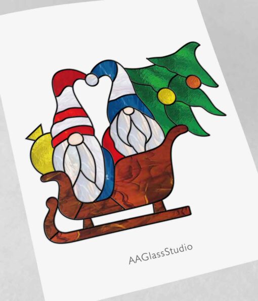 Charming Serious Stained Glass Gnomes in Christmas Sleigh - window decor