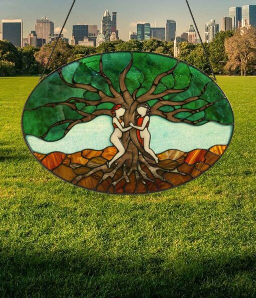 stained glass tree of life oval suncatcher