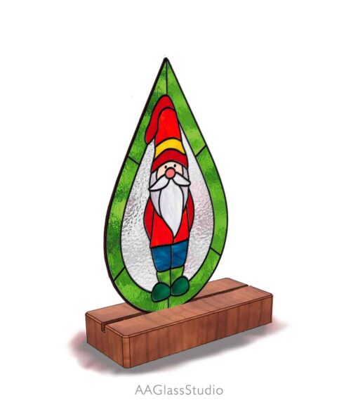 teardrop stained glass pattern gnome on wood base