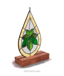 teardrop stained glass leaf on woob base