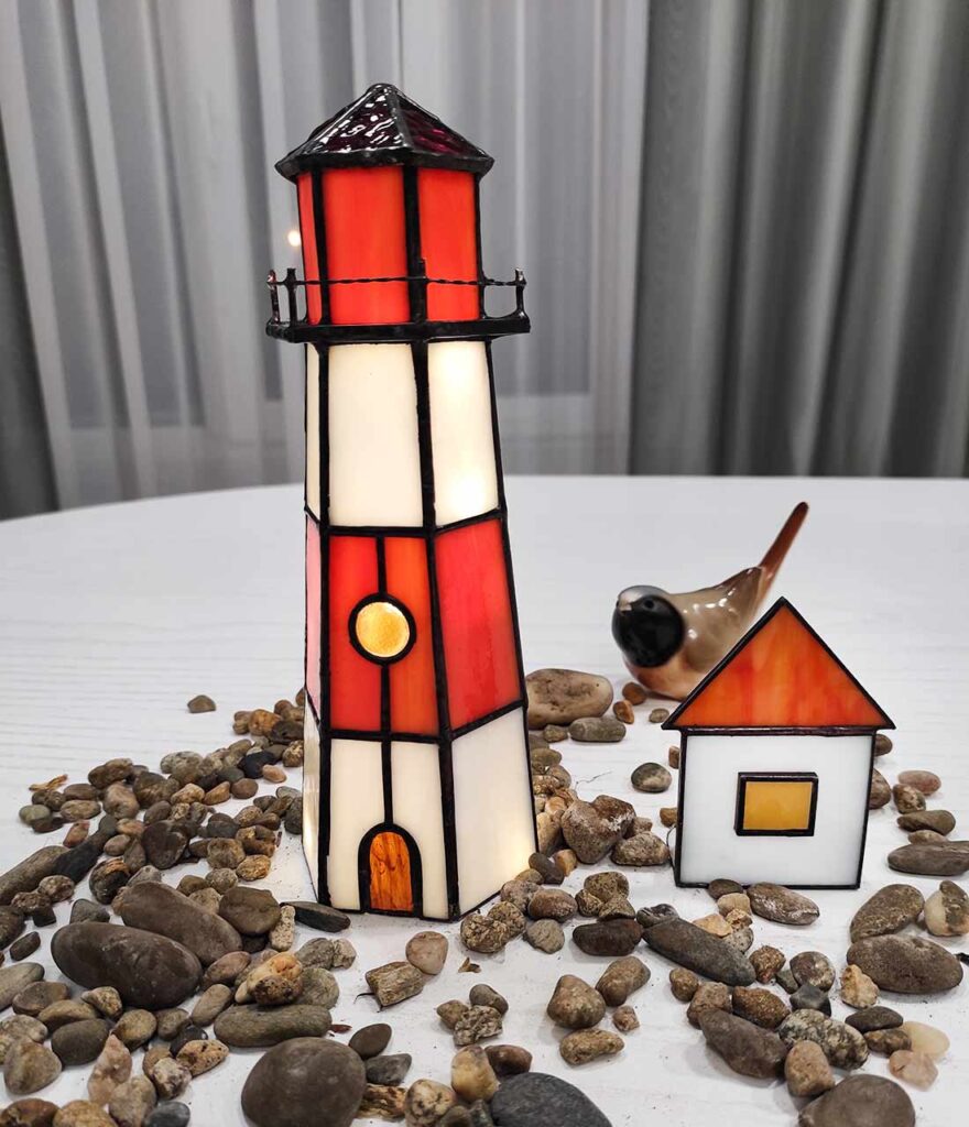 night light stained glass lighthouse decor on table