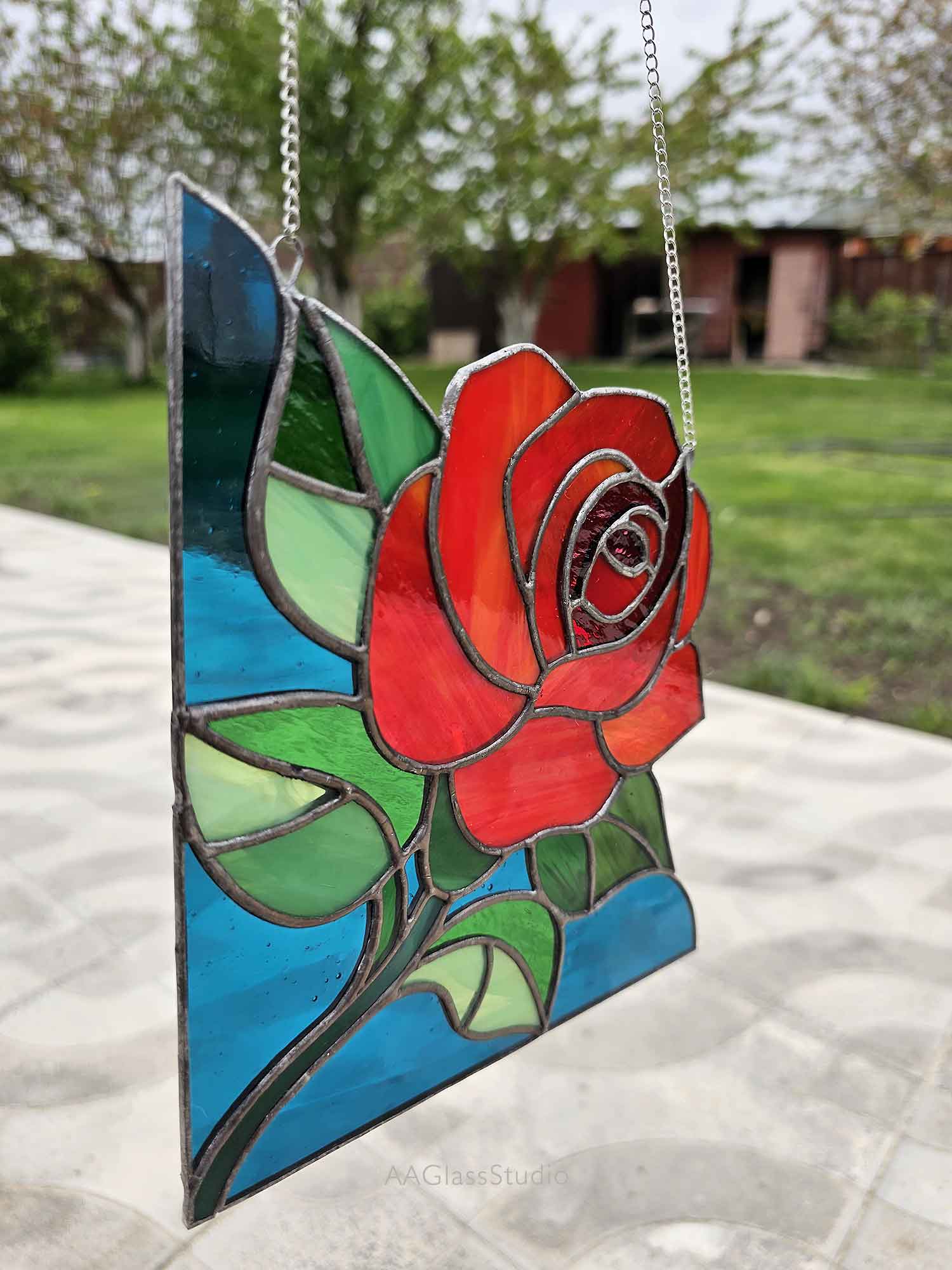 rose stained glass suncatcher outdoor