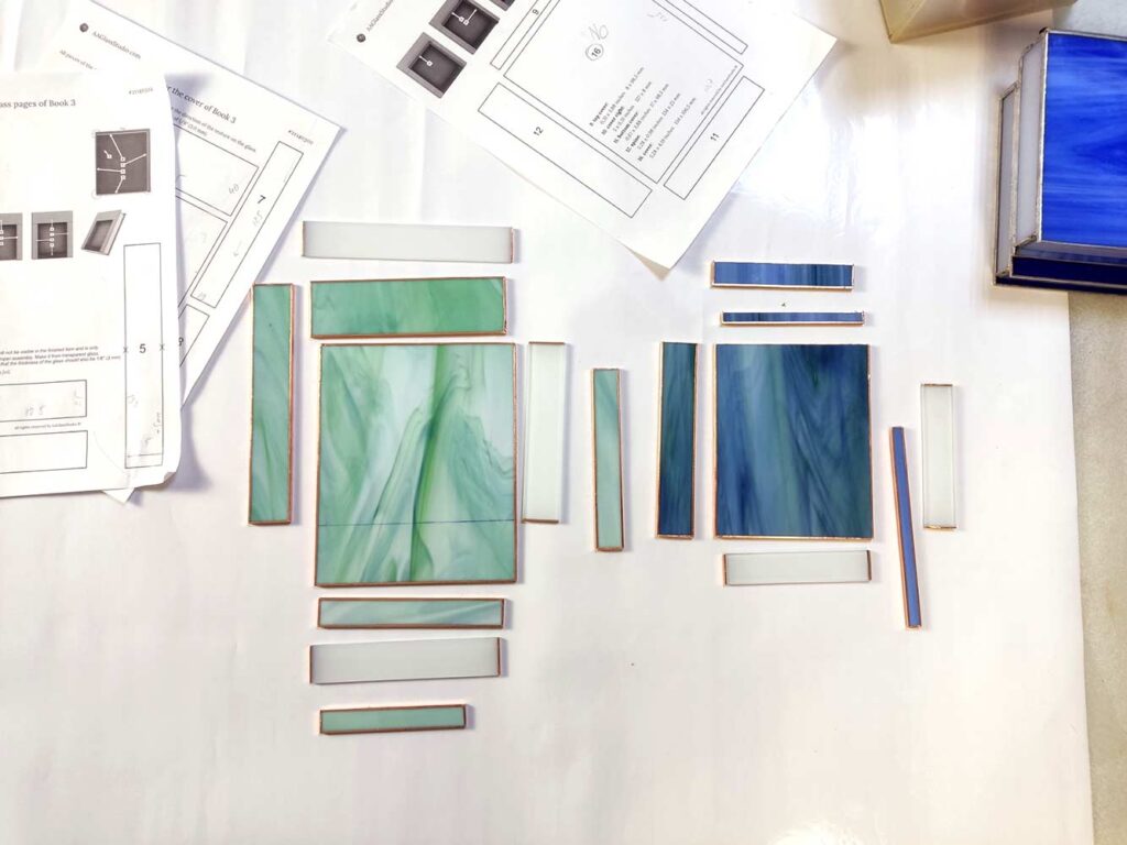 Glass in foil for a stained glass stack of books.