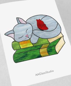 Tired Stained Glass Cat Rests on Library Books - window decor