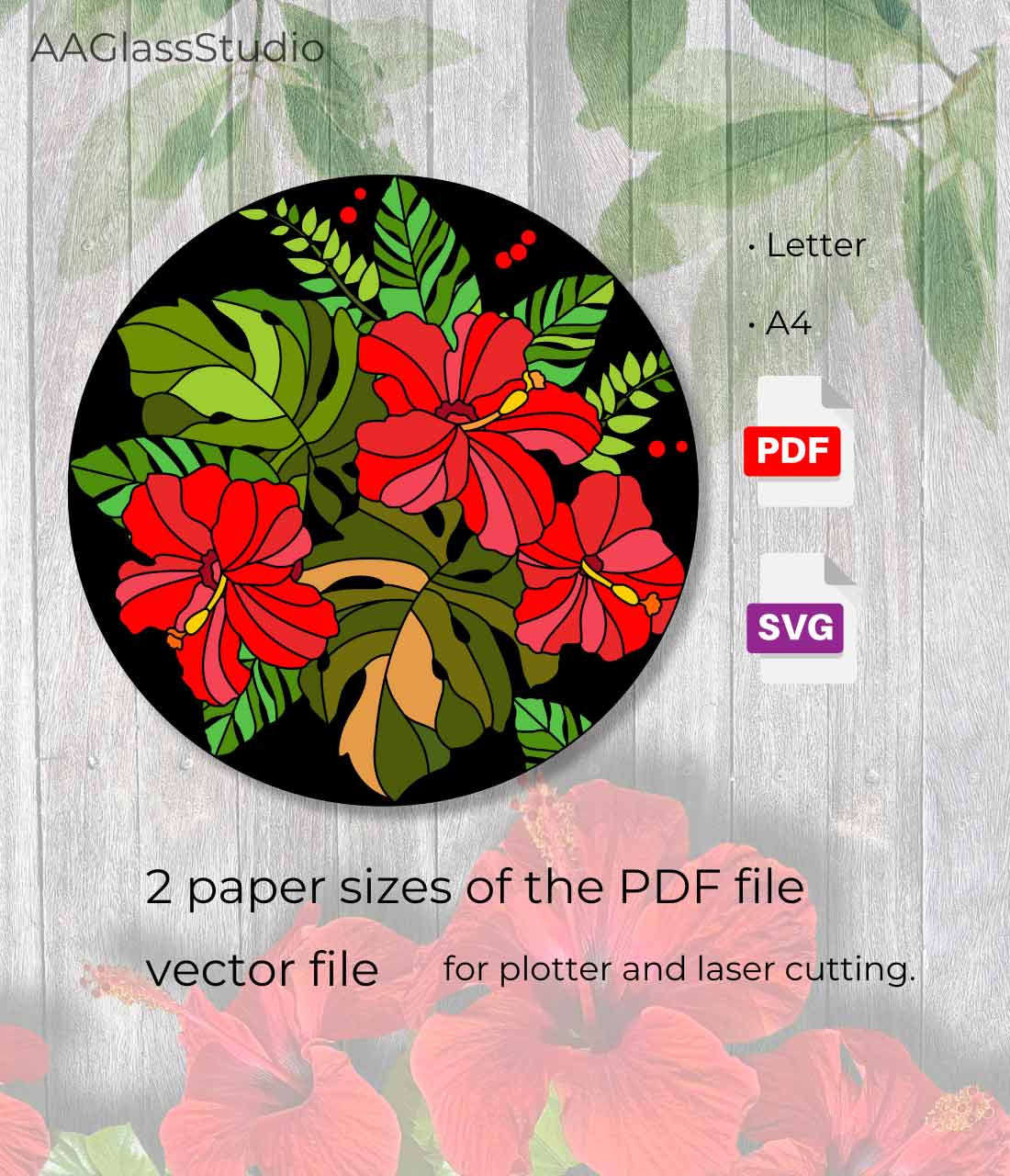 Beautiful Hibiscus Stained Glass Flower Pattern Mosaic 20″ - Image 3