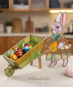 Stained glass bunny with wheelbarrow kitchen window decor