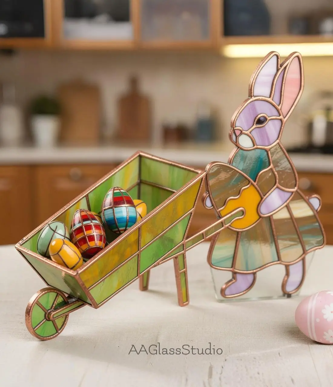 Stained glass bunny with wheelbarrow kitchen window decor