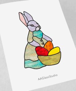 A bunny dressed in a dress with a basket of Easter eggs. Easter stained glass patterns.