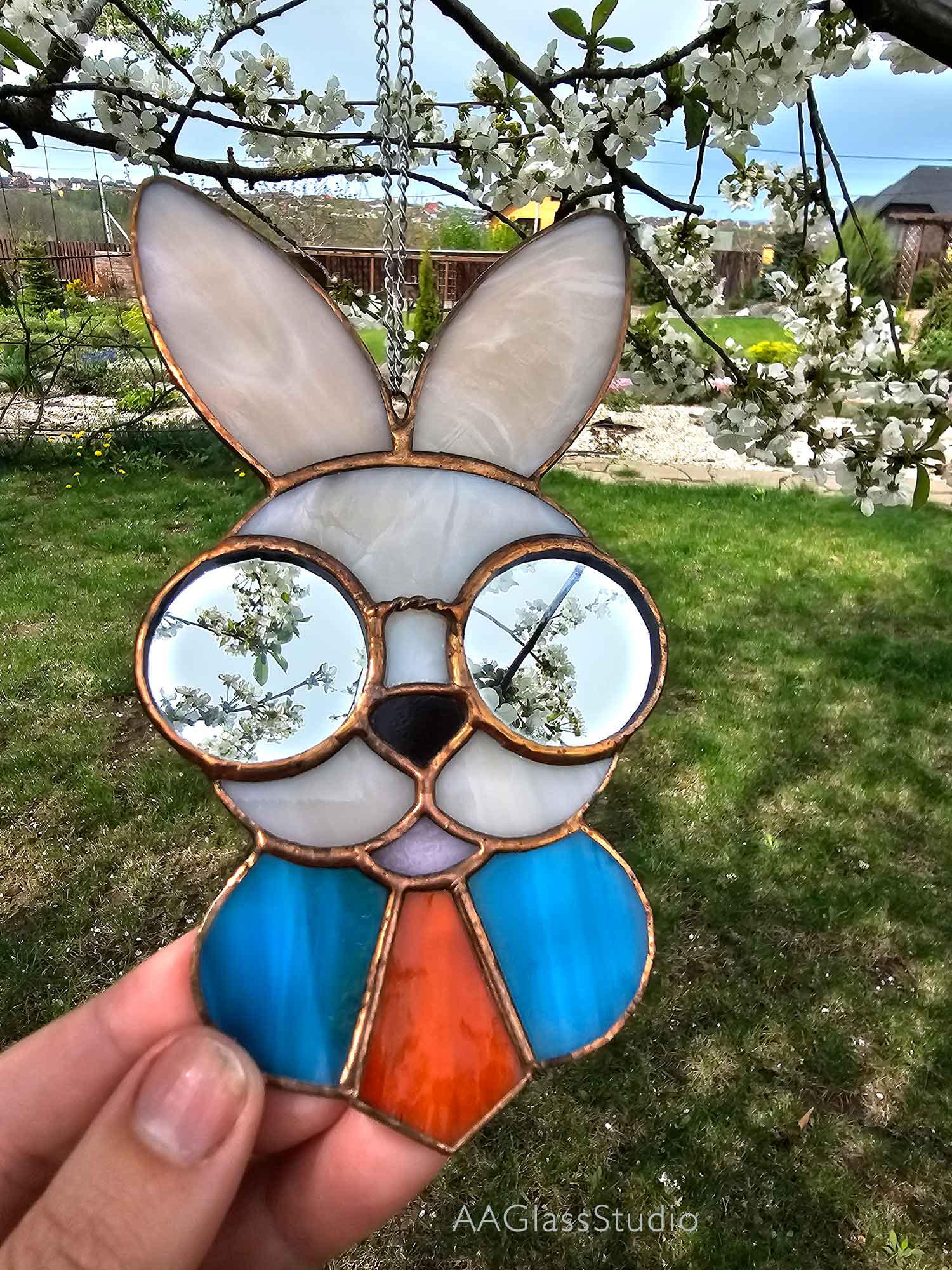 stained glass bunny in sunglasses suncatcher