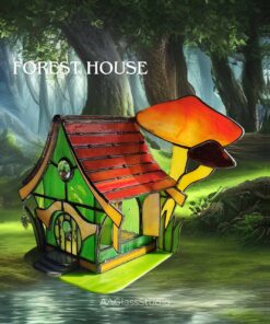 fairy stained glass, forest house with mushrooms
