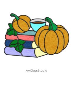 Stained Glass Halloween Design with Pumpkins & Books - window decor