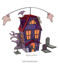 Spooky 3D Halloween Stained Glass Haunted House Pattern - window decor