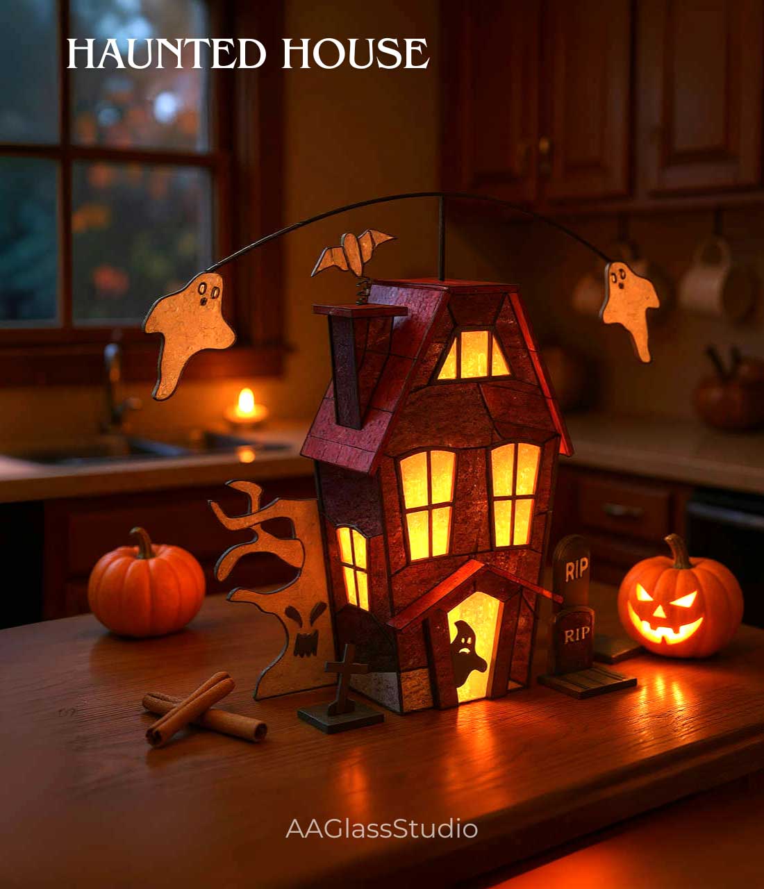 halloween stained glass in cozy kitchen