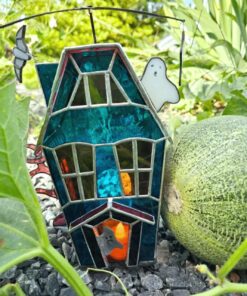 3d stained glass haunted house night light, glowing spooky Halloween home decor for shelf or window.