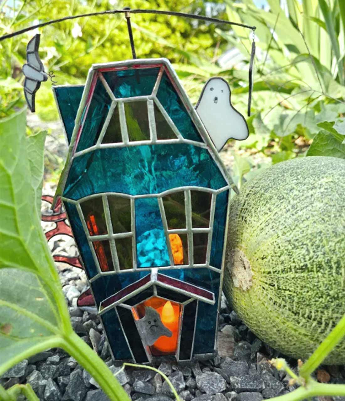 3d stained glass haunted house night light, glowing spooky Halloween home decor for shelf or window.