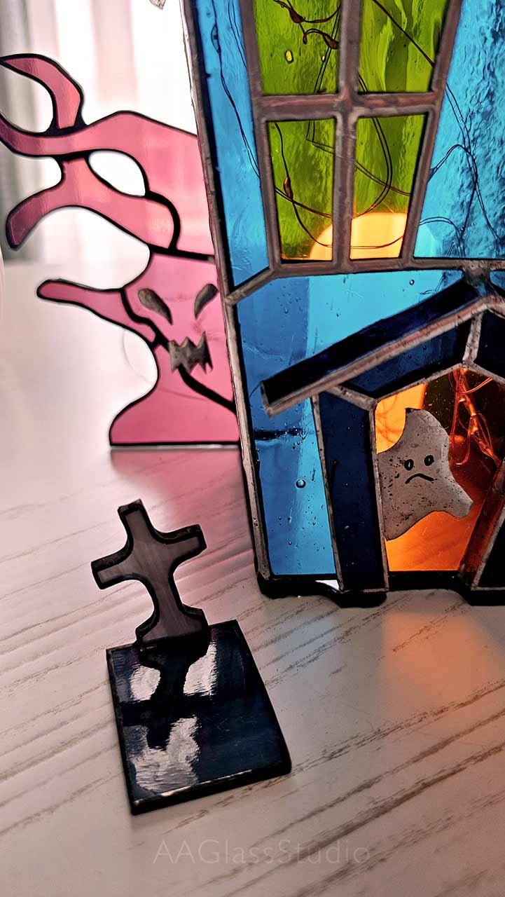 Detailed handmade stained glass night light, perfect unique gift for Halloween enthusiasts.