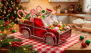 3D stained glass planter pattern, textured red truck digital design, printable template for DIY Christmas centerpiece, stained glass soldering project file.