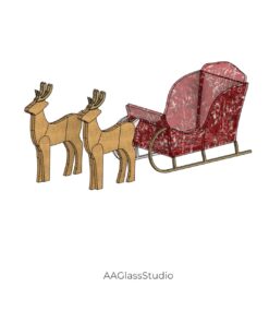 Stained glass pattern design featuring Christmas sleigh and reindeer on snowy background