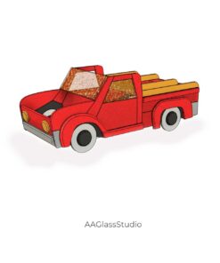 3D digital mockup of stained glass truck planter, red pickup template visualization for glass crafters, downloadable PDF blueprint for copper foil assembly.