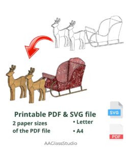 Step-by-step creation of a 3D stained glass sleigh with reindeer from pattern to finished piece.