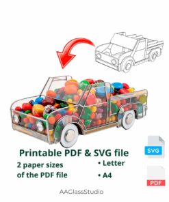 Stained glass truck pattern download showing printable PDF and SVG files, digital template schematic for DIY glass planter, instant download layout with A4 and Letter paper sizes.