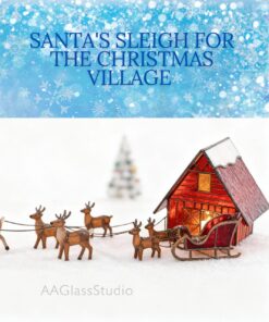 Snowy house scene with stained glass Christmas sleigh and reindeer in front of the home.