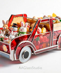 Digital stained glass pattern for 3D vintage pickup truck planter, DIY PDF template for Easter bunny decor, downloadable printable layout for glass art hobbyists.