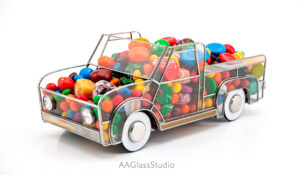 Clear glass truck candy holder pattern, downloadable 3D stained glass template, modern geometric glass art DIY design file for copper foil technique.