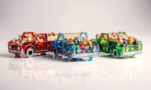 Set of 3 stained glass truck patterns, digital templates for red blue and green trucks, 3D glass art construction PDF bundle for beginner and intermediate crafters.