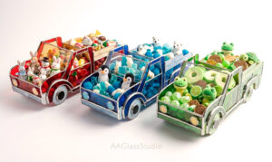Animal themed truck stained glass patterns, digital PDF templates for penguin frog and bunny planters, DIY glass hobby gifts downloadable blueprints.