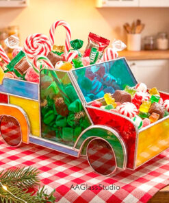 Stained glass candy dish pattern download, Christmas truck 3D template for glass crafting, festive holiday table decor DIY project PDF.