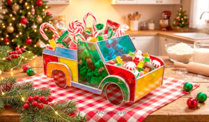 Stained glass candy dish pattern download, Christmas truck 3D template for glass crafting, festive holiday table decor DIY project PDF.