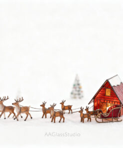 Snowy house scene with stained glass Christmas sleigh and reindeer in front of the home, Christmas tree