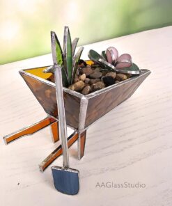 Finished 3D stained glass wheelbarrow filled with glass succulents