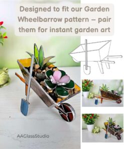 Stained glass wheelbarrow garden with 3D succulent patterns - easy DIY PDF download for glass art