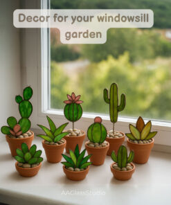Handmade stained glass succulent garden on windowsill - digital pattern bundle for craft lovers