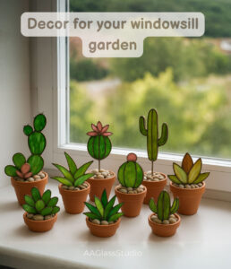Handmade stained glass succulent garden on windowsill - digital pattern bundle for craft lovers