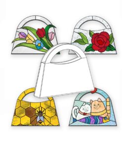 stained glass set with base 3D purse pattern and 4 front panel design options (cats, bouquet, rose, honeycomb).
