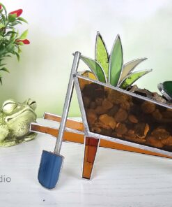 Handmade stained glass wheelbarrow and succulents 3D garden decor