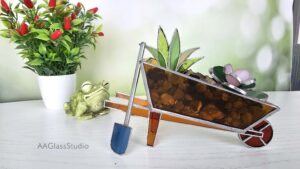 Handmade stained glass wheelbarrow and succulents 3D garden decor