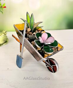 Stained glass succulent planter in 3D wheelbarrow design