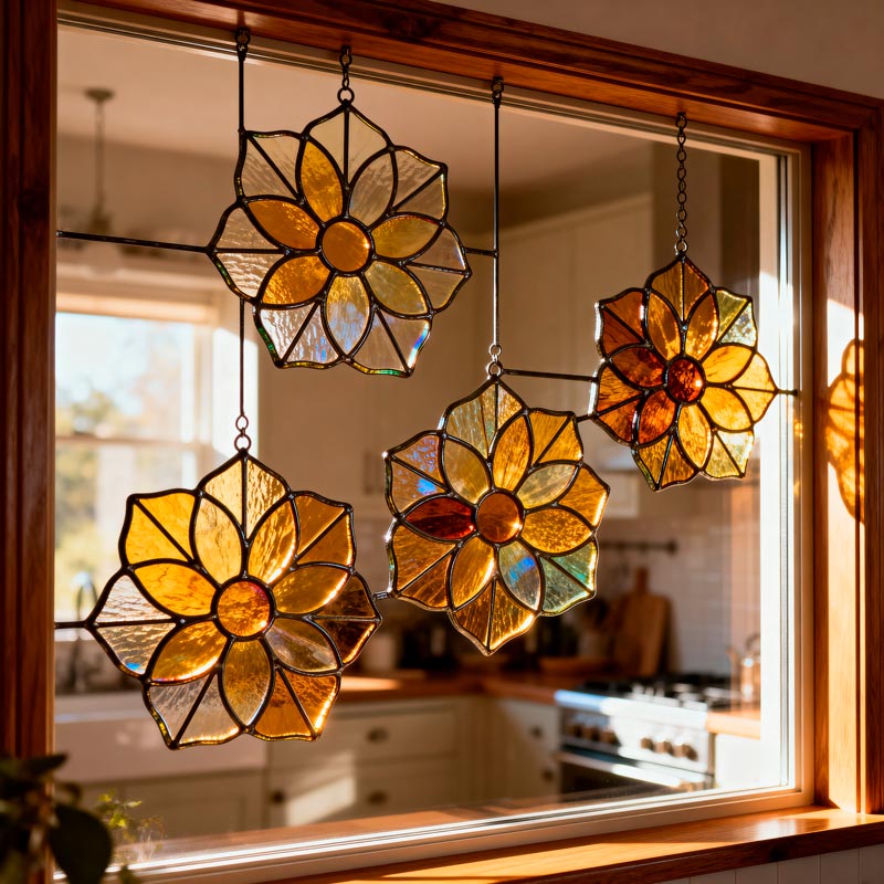 simple flower stained glass pattern. Honey flowers on kitchen window