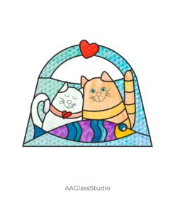 Pattern design for a 3D handbag featuring stained glass cats pattern and a small heart.